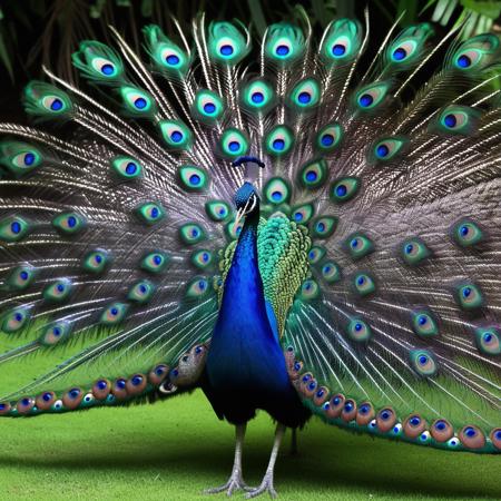 very realistic photograph of a blue peacock is a magnificent ornamental bird native to Asia. The very colorful male displays his magnificent train to seduce females with duller colors (which is common among birds). If several males are in competition, their preference will go to the one with the greatest number of eyespots in its adornment.