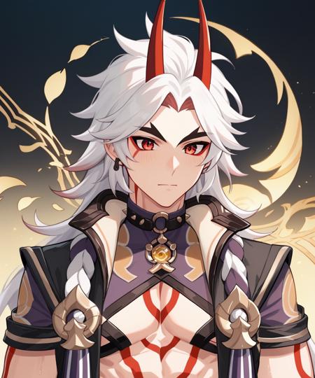 arataki itto, genshin impact, red eyes, 1boy, male focus, solo, white hair, long hair, oni horns, red hair