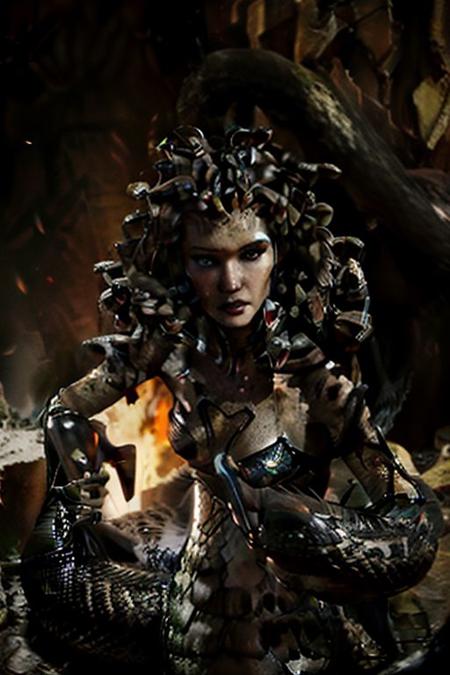 (masterpiece, best quality, unity 8k wallpaper, highres), ambient light, (super-beautiful-detailed hair face kind-eyes skin, slender:1.4), (perfect hands, perfect anatomy), BREAK
 full body, looking at viewer,solo, indoors, molten rock, moody lighting, BREAK
 1girl, solo, CONCEPT_medusa_ClashOfTitans_ownwaifu, <lora:CONCEPT_medusa_ClashOfTitans_ownwaifu-15:0.9>, lamia, living hair, medusa \(mythology\), monster girl, snake hair, breasts, dark skin, lips, scales, snake, giant, vely-long-sagging breasts, realistic, monster, no humans, animal