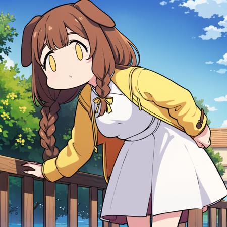 Korone, dog girl, dog ears, twin braids, sidelocks, hair ornament, medium breasts, ((white dress)), yellow jacket, dress, jacket, open clothes, open jacket, sleeveless dress, <lora:ma_meme_fx-13:0.8>, <lora:inugamiKorone_v10:0.4>,  sky, day, outdoors