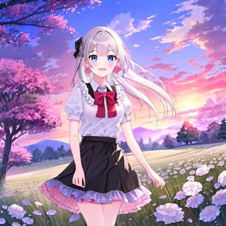 face focus, cute, masterpiece, best quality, 1girl, flower, solo, blue eyes, outdoors, skirt, smile, hair ornament, looking at viewer, jewelry, earrings, short sleeves, shirt, petals, skirt hold, bangs, frills, hair flower, blush, white shirt, sky, white hair, tree, cowboy shot, bow, sunset, black skirt, black bow, parted lips, standing, field, bowtie, breasts, pink flower, cloud, red flower, grass, flower earrings, long hair, center frills, frilled shirt, collared shirt, medium hair, black bowtie, floating hair