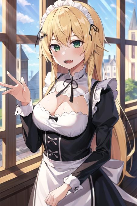 best quality, highres,ultra-detailed, 1girl, solo_focus,  <lora:FredericaV4:0.6>, Frederica, frederica_baumann, 1girl, long hair, solo, blonde hair, green eyes, roswaal mansion maid uniform, ribbon, breasts, maid, black ribbon, long sleeves, open mouth, sharp teeth, cleavage, window, god rays, mansion background,