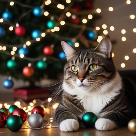photography very realist cat playing with lots of Christmas lights and Christmas balls around him, Christmas decor background