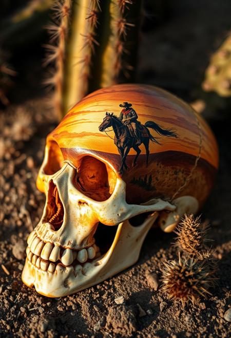 A human skull sits on the desert ground next to a cactus, its surface transformed into a canvas of vivid, western-themed art, tells the story of a lone cowboy riding his horse off into the sunset. The painting, rendered in exquisite detail, features the cowboy's worn leather saddle and hat, his horse's flowing mane and tail, and the vast, sweeping expanse of the American West. Every brushstroke is meticulously captured, from the delicate, swirling patterns of the cowboy's bandana to the tiny, shimmering highlights on the horse's bridle. The overall effect is one of haunting, surreal beauty, as if the very essence of the American frontier has been distilled into this transformed skull, turning something once macabre into a masterpiece of western art. highest-Quality, intricate details, visually stunning, Masterpiece