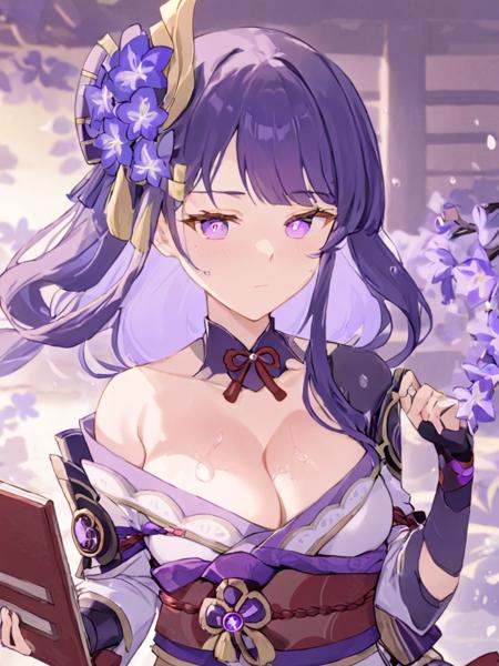 raiden_shogun,kimono,obi,solo,mole,hair_ornament,armor,ribbon,shoulder_armor,breasts,