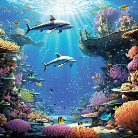 An underwater scene showing a coral reef teeming with life. Colorful fish swim among the corals, a curious dolphin passes by, and in the distance, a sunken pirate ship is home to a school of shimmering fish