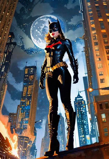 (dynamic_angle), Batwoman swinging between buildings, burning midnight costume, high boots, clothes like midnight full of stars, Night light, sharp shadows, moon lit, looking out over city, City landscape, dystopian city, crowds of people, standing high above stret, illustration,