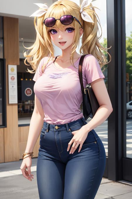 masterpiece, best quality, arimura hinae, purple eyes, hair ribbons, sunglasses, pink t-shirt, jeans, cowboy shot, leather handbag, shopping mall, :D <lora:arimurahinae-nvwls-v1-000010:0.9>