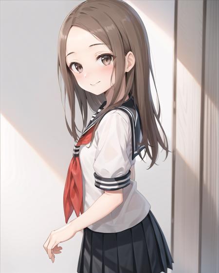 best quality,highly detailed,masterpiece,ultra-detailed,solo,(1girl),Delicate eyes,(white background:1.3),takagi-san,school_uniform, serafuku, skirt, sailor_collar,forehead, long_hair, black_sailor_collar, pleated_skirt, brown_eyes, blush, brown_hair, smile, short_sleeves, black_skirt,red_neckerchief, closed_mouth, bangs, looking_at_viewer, neckerchief