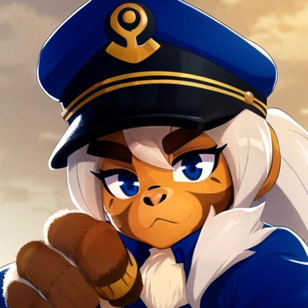 Masterpiece, highest Quality, Highest Resolution, anime style, perfect lighting, detailed hands, detailed background, solo, Admiral Brickell, solo, 1girl, blue eyes, furry female, fur body, body fur, facial mark, monkey tail, white hair, tan, blue hat, blue military uniform, ponytail, dark skinned female, peaked cap,