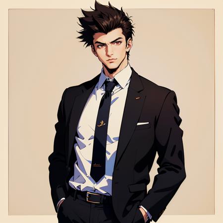 Best quality,masterpiece,ultra high res,1boy,male focus,solo,necktie,brown hair,jacket,red eyes,black border,hands in pockets,border,shirt,black necktie,black hair,simple background,school uniform,spiked hair,blazer,formal,white shirt,
<lora:vaporwave2:0.7>,