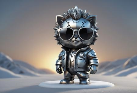 A Cute, (made out of Iron World), (wearing sunglasses), solo, winter, 4k, high detail, high quality, realistic, full body,