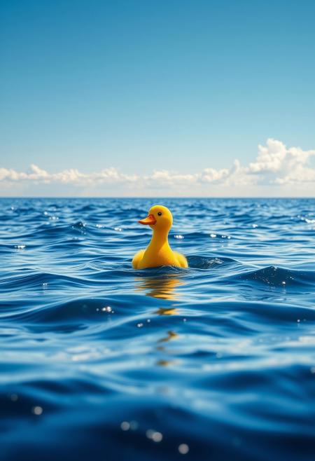 A vibrant yellow duck floats confidently on a vast, shimmering sea under a bright blue sky. Gentle waves ripple around it, reflecting the golden sunlight. In the distance, a faint horizon line blends with fluffy white clouds, creating a serene yet playful scene.