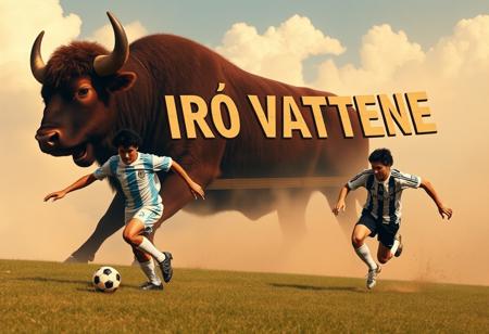 In a heavenly scene with soft clouds and a golden glow, legendary soccer players Diego Armando Maradona and Antonello Cuccureddu are playing soccer with joyful intensity. Maradona, in his iconic Argentine jersey, skillfully dribbles the ball while Cuccureddu, in his Juventus kit, races to challenge him. Behind them, a massive burgundy-colored bull, powerful and fierce, snorts clouds of steam, showing its strength and determination. In the background, a huge, ornate cardboard sign reads ‘CAIRO VATTENE’ in bold letters, capturing the passion of the moment. The scene mixes nostalgia, sportsmanship, and a sense of defiance.