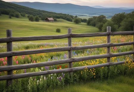 "A rustic wooden fence with a weathered finish, surrounded by colorful wildflowers, set against a backdrop of a serene countryside landscape."