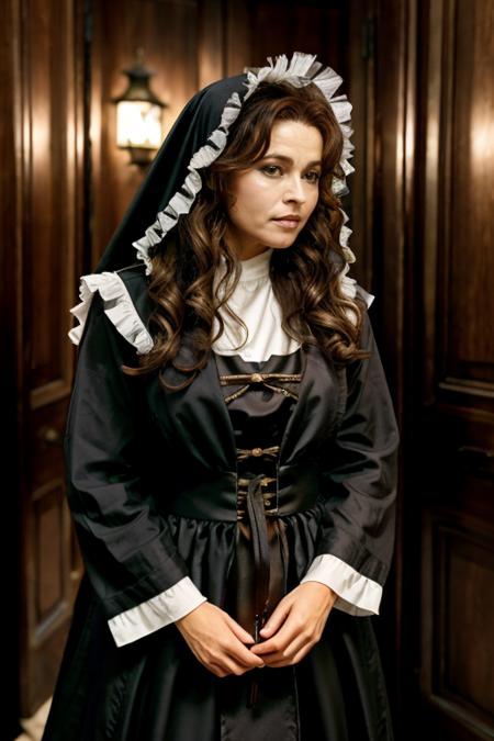 <lora:Helena_Bonham_Carter:1> 1woman, solo, mature hb1873c, , brown_hair, wavy hair, messy hair, nun costume ,  dam , evening