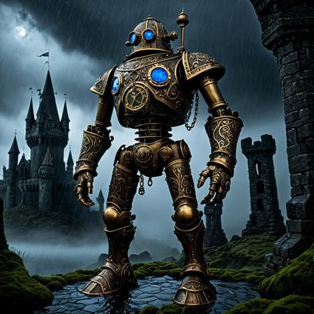 giant bipedal robot brass and weathered reflex blue and bronze paisley robot. lacy robot metal. diving helmet torso head. outside of a steampunk keep. large detailed torso. dark image. one forty foot tall ancient robot with great arms and two heavy spring legs. dark foggy night background. $dark foggy night image only. dark photo realistic image. steampunk details. cogs, chains and pipes incorporated in the fantasy buildings. magic wizards tower in background. Dark swamp, moss, castle ruins, wizards tower. stormy dark night. stormy sky. rain. no head.