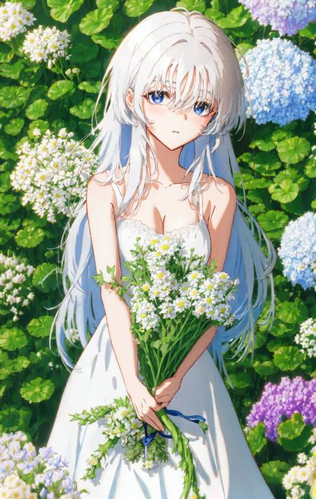 1girl, bangs, bare_arms, bare_shoulders, blurry, blurry_foreground, blush, bouquet, breasts, camellia, cleavage, collarbone, covered_mouth, covering_mouth, daisy, dandelion, depth_of_field, dress, eyebrows_visible_through_hair, field, floral_background, flower, flower_field, frills, hair_between_eyes, hibiscus, holding, holding_bouquet, holding_flower, hydrangea, leaf, lily_\(flower\), lily_of_the_valley, lily_pad, long_hair, looking_at_viewer, lotus, medium_breasts, petals, plant, potted_plant, smelling, solo, tulip, upper_body, vase, white_dress, white_flower, white_hair, white_rose <lora:style_YoneyamaMai:1>