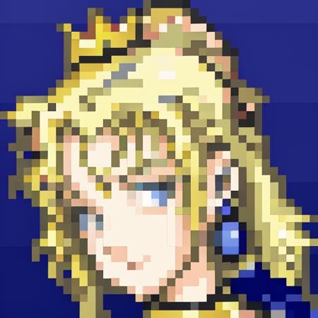 <lora:Final Fantasy 6 Portraits - V1-000004:0.85> Final_Fantasy_6_portrait, SNES, low resolution, pixelart, blue background,,, <lora:bows1:1>, 1girl, solo, cleavage, dress, maritan (pixelmaritan), d, armlet, blonde hair, bare shoulders, black dress, brooch, claws, long hair, turtle shell, teeth, black collar, blush, huge breasts, earrings, borrowed character, looking at viewer, pointy ears, sharp, borrowed design, gem, breasts squeezed together, long fingernails