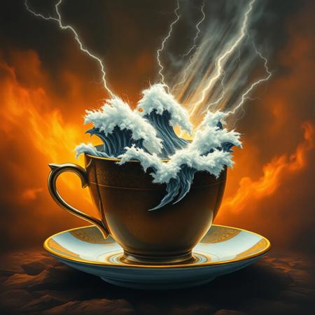 Ultra realistic full body color pencil drawn portrait of 
the concept of a tempest in a tea cup, with a storm coming out of the tea cup, with thunder and lightning and gigantic waves,
BREAK
Deep dark intense orange and brown fiery background,
Dark theme, dynamic lighting, (soft shadows), (soft focus),  (photo realistic), uhd, 8k