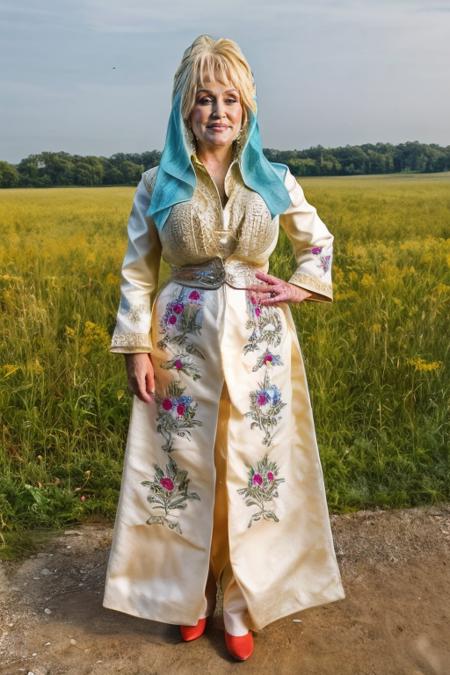 full body portrait, photo of dolly parton wearing an Cornsilk  colored egelikadini,  8k uhd,  dslr, high quality, at landscape with Trimetric Perspective, Canon EOS-1D X Mark III,<lora:EgeliKadini-10 (3):1> <lora:add_detail:1> <lyco:lyco_humans_v10:1>