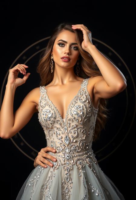 "A stunningly beautiful 22-year-old woman with a diamond dress representing capricorn zodiac."