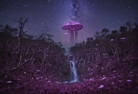 A dreamlike nightscape where waterfalls flow upwards, defying gravity, in hues of violet and silver. Celestial bodies hang impossibly low in the velvet sky of deep blue. Bioluminescent mushrooms in soft pinks and purples dot the forest floor. Style: Salvador Dali meets fantasy, soft focus, ethereal.
Photographer Reuben Wu Style