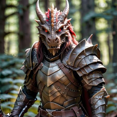 highly detailed portrait photo of a (dragonkin):1.2 in a dark dense forest,

dragonkin, solo, long hair, red eyes, weapon, male focus, horns, sword, armor, blurry, blurry background, helmet, shoulder armor, gauntlets, pauldrons, full armor,

in a dark dense tree filled temperate forest,

depth of field:1.2, blurry, blurry background,
realistic:1.3,

photorealistic,
fantasy, cinematic,
32k, best quality, 
god rays:1.2,
dappled sunlight:1.1,




