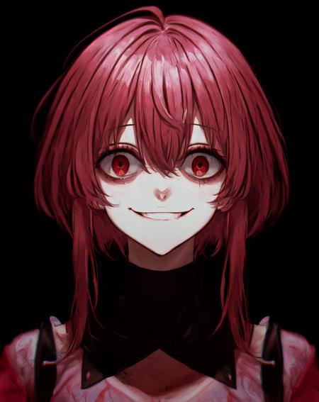 masterpiece, best quality, <lora:yameroyandere-v2:0.75>, (crazy eyes:1.3), (crazy smile:1.45), (shaded face:1.1), mature female, dark, dark background, <lora:add_detail:0.8>, yandere, yandere trance, empty eyes, red eyes, half-closed eyes, wide-eyed, oil painting \(medium\), (watercolor \(medium\):0.8), film grain, pink hair, short hair, short hair with long locks, sidelocks, (very short hair:1.08), tomboy, (chromatic aberration:1.15), staring,