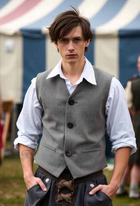 An androgynous man at a renaissance fair wearing a grey canvas kilt, wide-collared shirt, and a grey spotted vest.