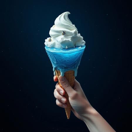 a disembodied hand holding a melting ice cream cone, hand holding icecream floating in space, and ocean inside the ice cream cone, icecream cone with an ocean instead of ice cream, view from afar, massive celestial icecream cone,An ice cream cone held by a disembodied hand, with the ice cream scoop transformed into a miniature ocean. The ocean is teeming with tiny boats, some sailing and others bobbing on the waves. The hand is slightly veiny and pale, adding an unsettling contrast to the vibrant blue of the ocean. The scene is set against a space like background, with nothing but distant stars visible from afar, view from afar