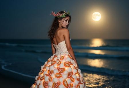 A young woman standing at the edge of a moonlit beach, wearing a gown made of intricate seashells and pearlescent scales. Her hair is adorned with glowing coral and seaweed, softly swaying with the breeze. The waves gently lap at her feet, and the distant horizon glows with pale light.