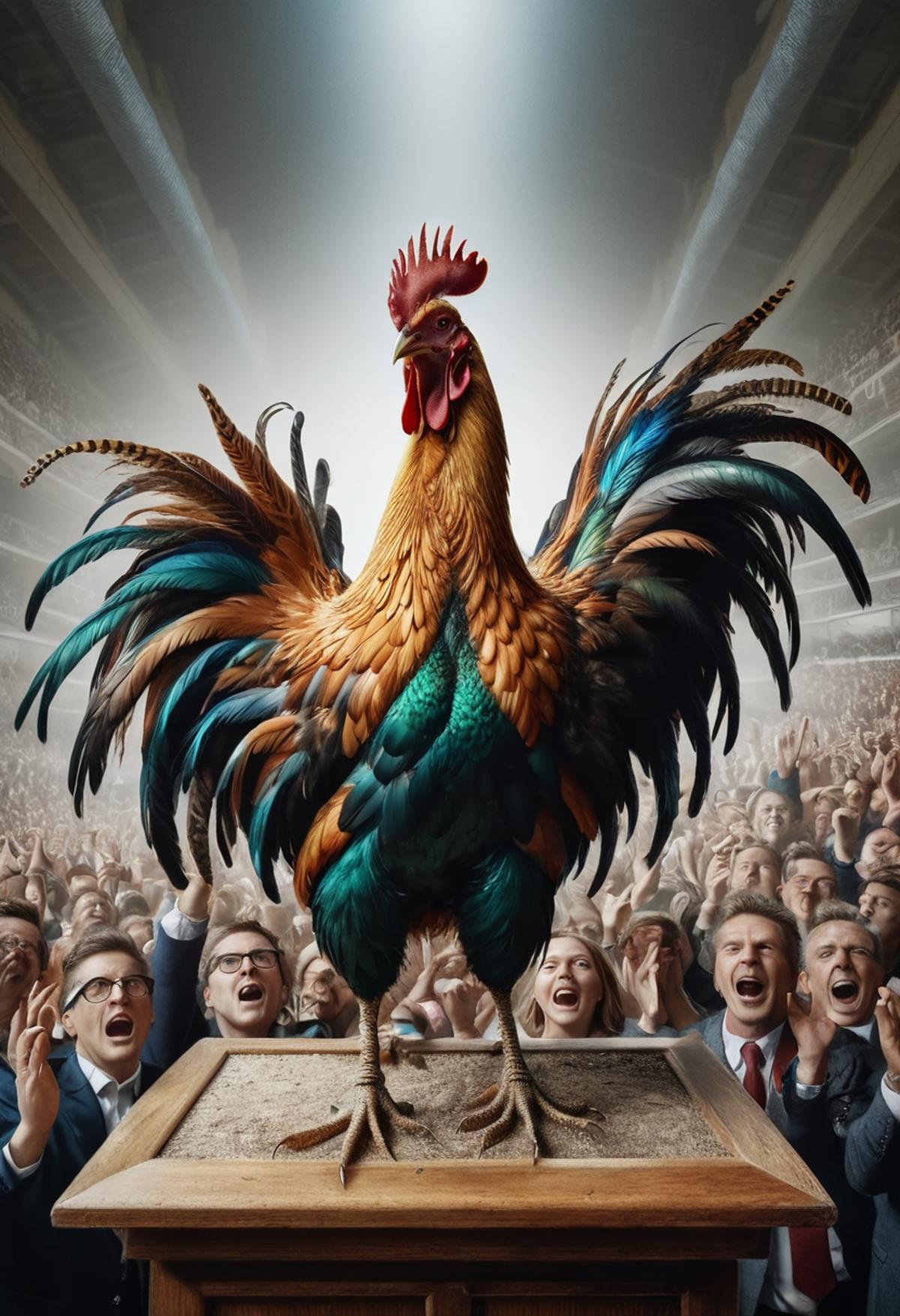 A Rooster Standing on a Table in Front of a Crowd of People.