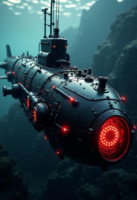 silhouette art, chiascuro, steampunk, a_skynet_cyberdyne_systems_craft, the image is featuring an armored steampunk submarine, adorned with intricate, metallic details, including bolts, wires, and mechanical components, giving it a highly advanced, industrial look, with glowing red diodes and LEDs, travelling at speed, near the bottom of the ocean, underwater, dark abstract background, viewed diagonally from the front, motion blur, directional lighting