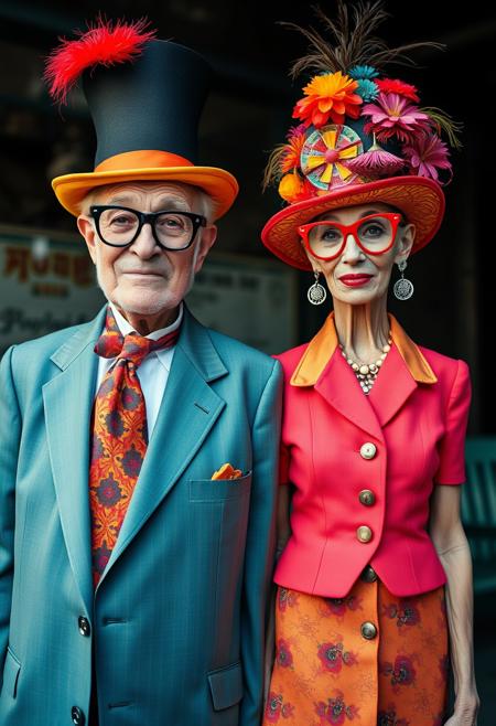 It’s a captivating full-length shot of an exceptionally tall and slender elderly couple, both brimming with eccentric charm. The man and woman sport wildly colorful Vogue-inspired outfits, oversized, extravagant glasses, and flamboyant, whimsical hats. Captured in a soft-focus vertical frame, the image features natural lighting through an f2 aperture on a 50mm lens. The aesthetic channels classic chrome, infused with a subtle film grain and elaborate cinematic lighting. The result is a richly detailed, sharp-focus portrait with a hint of playful visual humor.