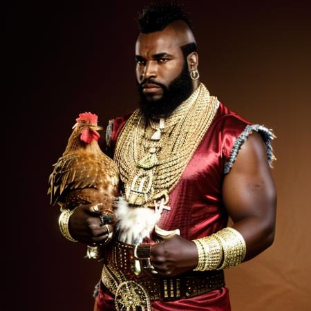 a man holding a chicken, full body,  Highly detailed, masterpiece, best quality, photorealistic,  <lora:MrTLora:0.8> male focus, realistic, dark skin, facial hair, beard, black hair, manly, jewelry, mohawk, bracelet, serious