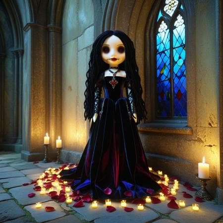 concept art , ultra detailed, ultra quality, cinematic, dramatic lighting  <gothic doll:1.3>, <floor-length velvet gown:1.2>, <ornate silver jewelry:1.1>, long black hair with loose curls, <abandoned gothic cathedral:1.5>, shattered stained glass windows casting fragmented rainbow light, moss-covered stone walls, candlelit ambiance, soft golden glow, intricate gothic architecture, <rose petals scattered on the floor:1.2>, somber and majestic, <soft volumetric lighting:1.3>, photorealistic textures  <lora:Gothic-Dolls:1> gothic_dolls . digital artwork, illustrative, painterly, matte painting, highly detailed