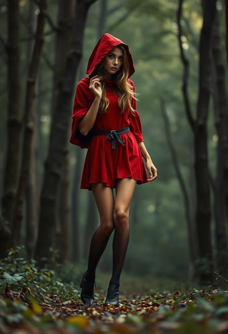 Little Red Riding Hood, in the forest, mystical, long sexy legs, seductive look
