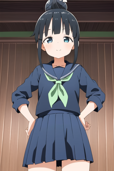 masterpiece, best quality, kunoichimokuren, hair bun, 1girl, solo, blue eyes, serafuku, green neckwear,  black skirt, pleated skirt,  looking at viewer, hands on hips,