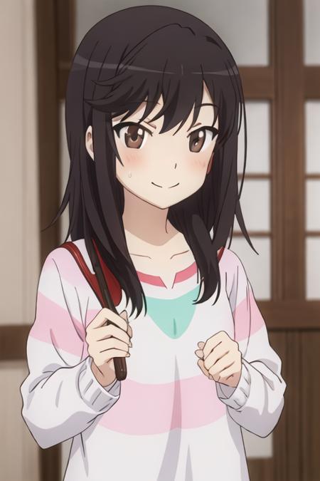 best quality, masterpiece, highres, solo, {ichijou_hotaru_nonnonbiyori:1.15}, black_hair, long_hair, brown_eyes, blush, brown_hair, 1girl, bangs, blurry, closed_mouth, looking_at_viewer, blurry_background, portrait, meme, parody, smile