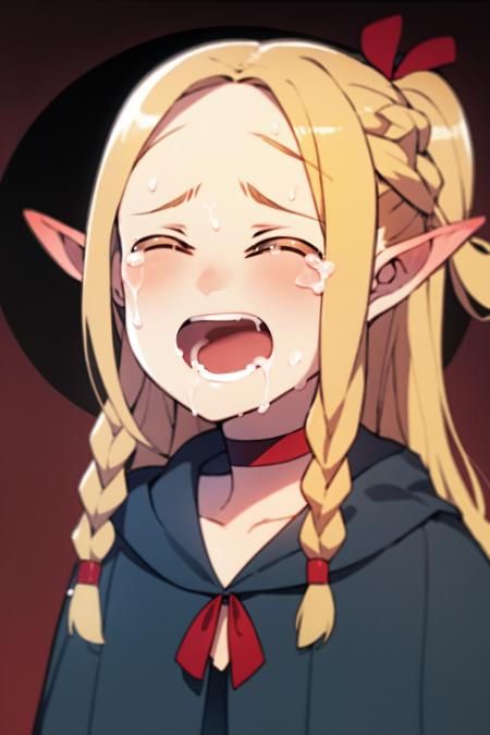 masterpiece, best quality,  <lora:marcille:1>,1girl, pointy ears, solo, elf, braid, blonde hair, open mouth, choker, twin braids, red choker, closed eyes, long hair, >_<, crying, tears, ribbon, circle, parody, hair ribbon, red ribbon