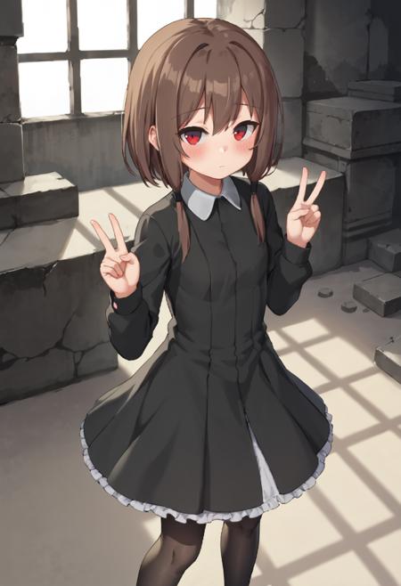 snezhinka-battle,red eyes,brown hair,medium hair,long locks,sidelocks,black coat,open coat,black dress,long sleeves,neck ornament,white collared,black pantyhose,thigh strap,grey belts,ankle boots,black footwear snezhinka-nonarmed,red eyes,brown hair,medium hair,long locks,sidelocks,black dress,frilled dress,(beltless,buttonless:1.2),long sleeves,white collared,black pantyhose,ankle boots,black footwear