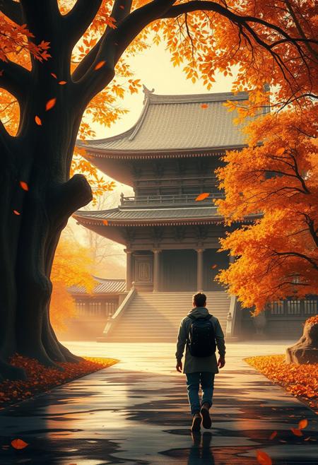 A breathtaking digital painting of a contemplative traveler making their way towards a majestic, ancient Asian temple. Surrounded by a symphony of falling autumn leaves, the atmosphere is serene and peaceful, evoking a sense of quiet journey and the tranquility of autumn. The warm, golden light filters through the leaves, casting a soft glow over the scene. The temple, with its intricate wood and stone carvings, stands out against the vibrant, saturated autumnal colors. The wet ground reflects the surroundings, while a large, ancient tree dominates the left foreground, adding depth and a sense of motion. This captivating image is inspired by the beauty of Asian architecture and landscape painting styles, creating a truly cinematic and immersive experience
