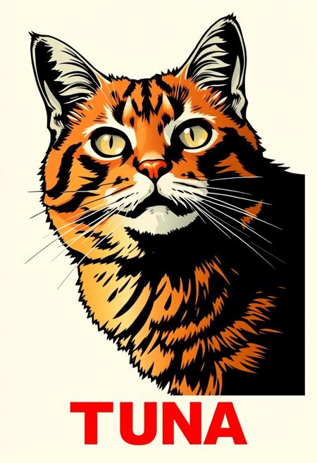 Comic-style Ginger Cat  in the Shepard Fairey "HOPE" aesthetic, focusing on the cat's face. The design uses a bold black and white contrast with minimalistic detailing. "TUNA" is prominently displayed at the bottom in large, red bold letters.