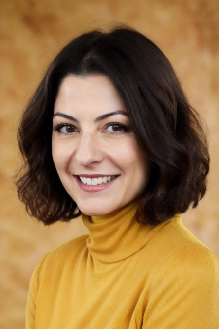 Photo of beautiful an4pp4dr40 woman, detailed face smiling , (blurred background)+, yellow turtleneck blouse