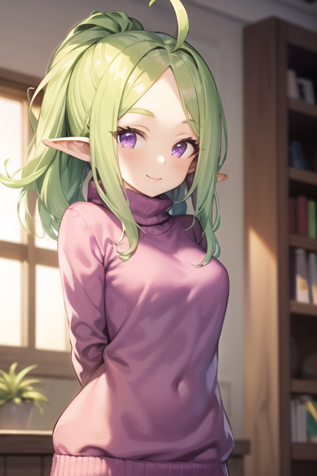 <lora:Nowi_fe-12:.5>, 1girl, solo, nowi_fe, purple eyes, light green hair, ahoge, parted bangs, pink sweater, looking at viewer, indoors, arms behind back, light smile