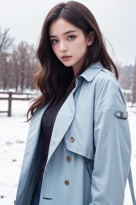 beautiful person, long perm hair, yellow hair, light blue eye, 
(GIGANTIC HUGE BREAST:0.6), 
sweater, (trench coat:1.2), Denim, 
snow,