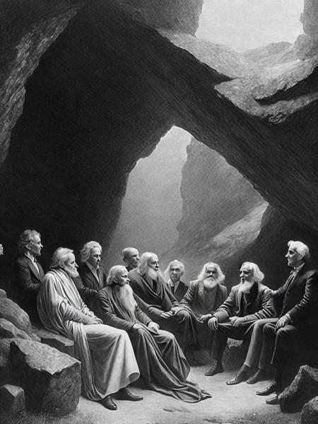 <lora:GustaveDor:1>a black and white painting of an old man sitting in a cave surrounded by other men by Gustave Dor