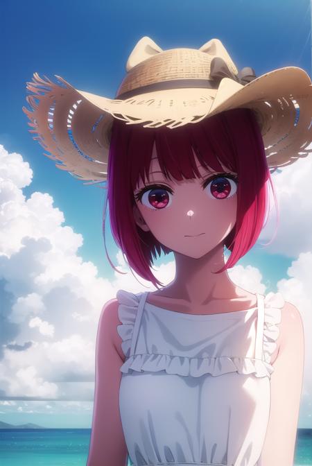 kanaarima, <lora:kana arima s1-lora-nochekaiser:1>,
kana arima, short hair, bangs, (red eyes:1.3), red hair, bob cut, smile,
BREAK hat, dress, ribbon, sleeveless, white dress, sleeveless dress, white headwear, sun hat, sundress,
BREAK outdoors, ocean, beach, sun, sky, clouds, day,
BREAK looking at viewer, (cowboy shot:1.5),
BREAK <lyco:GoodHands-beta2:1>, (masterpiece:1.2), best quality, high resolution, unity 8k wallpaper, (illustration:0.8), (beautiful detailed eyes:1.6), extremely detailed face, perfect lighting, extremely detailed CG, (perfect hands, perfect anatomy),