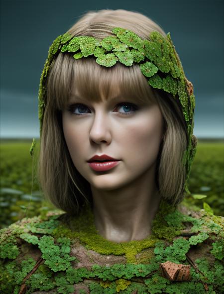 TaylorSwift, (art by Erik Johansson:1.0) ,art by Kevin McNeal, photograph, Vulgar vegetation, Moving Female cosplaying as Ereshkigal, Minecraft, film grain, Ilford HP5, F/2.8,  <lora:TaylorSwiftSD1.5:1>